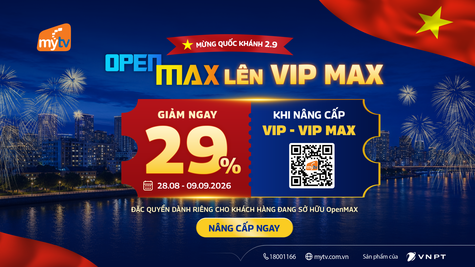 Mừng Quốc khánh 2/9, thuê bao OpenMAX nhận ưu đãi 29% gói MyTV VIP và VIP MAX